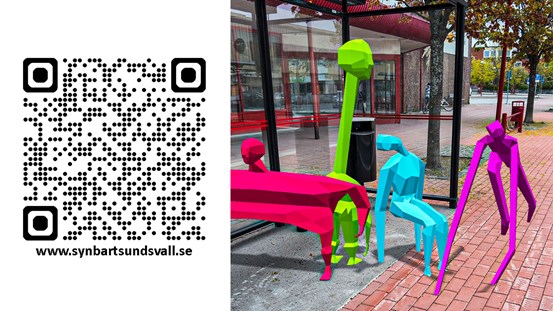 Till vänster: en QR-kod. Till höger: Foto vid busshållplats med virtuella figurer i olika färger.