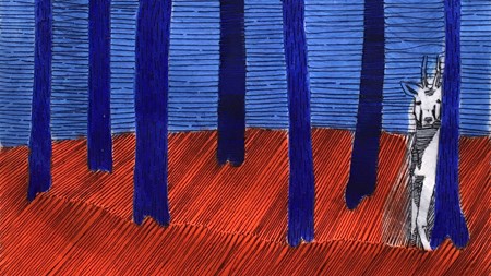 Ett broderi i mörk tråd föreställandes trädstammar. Till höger, vid en trädstam, står en hjort. Träden är målade mörkt, djupt blå, marken de står på är målad klart röd, den blå himlen syns mellan träden. Hjorten är omålad, vit som materialet det är broderat på. 
