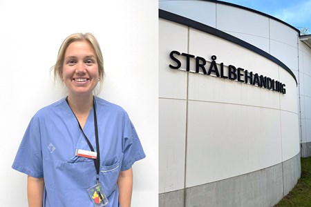 Till vänster står en person i blå vårdkläder framför en vägg, på väggen sitter bokstäver som bildar ordet ”STRÅLBEHANDLING”