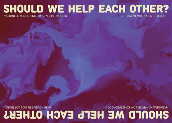 En affisch med abstrakt bakgrund i lila toner och beige text: Should we help each other?