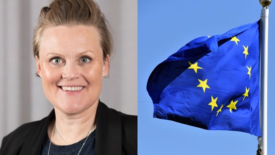 Bildcollage med Sara Nylund, ordförande i Strukturfondspartnerskapet till vänster, och en EU-flagga till höger i bilden.