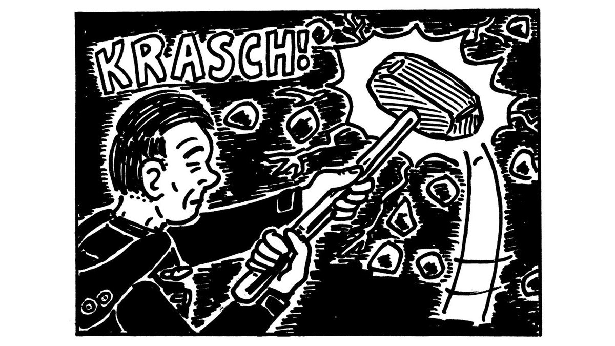 alt='Teckning, i vad som ser ut att vara svart tusch, av en mörkhårig, kortklippt man som svingar en slägga mot en mörk vägg. Textat intill är ordet ”KRASH”. '