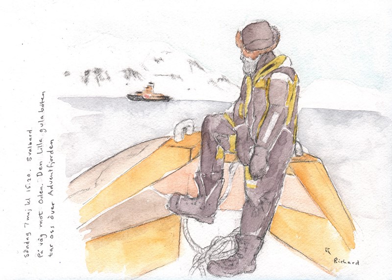 Akvarell. En man i tjocka kläder och mössa sitter i fören på en orange båt. I bakgrunden syns ett skepp och vita berg. 