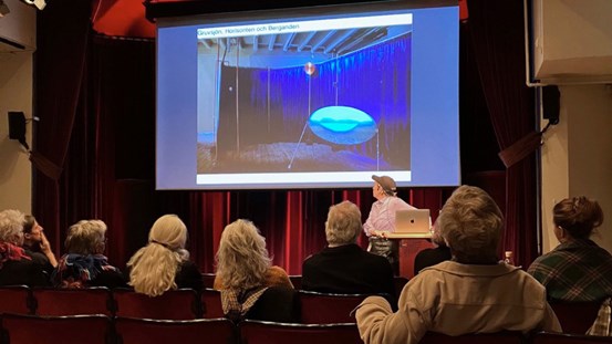 Foto. Ryggarna på en publik vänd mot scenen där en person, vid ett podium och dator, tittar upp mot den stora projektionsduken.