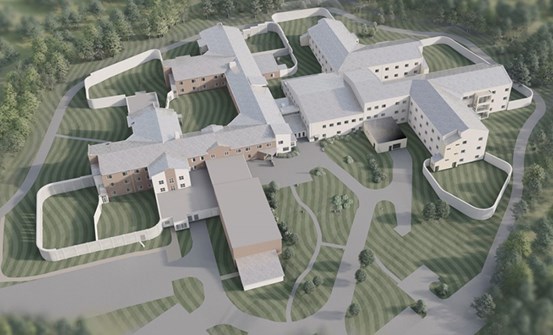 Illustration av den nya byggnaden för Rättspsykiatriska regionkliniken i Västernorrland. 