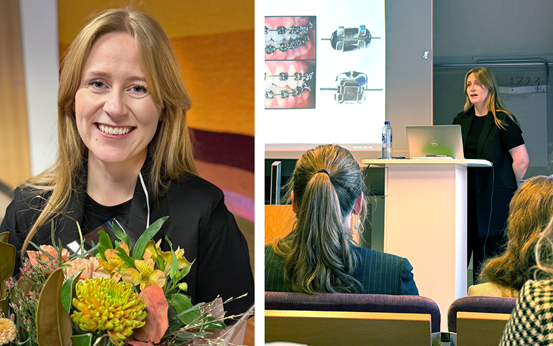 Tvådelad bild på Sofie Karlsson med en blombukett i handen och en bild där Sofie håller en föreläsning.