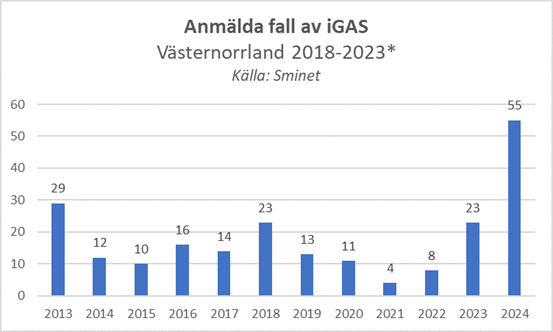 diagram över anmälda fall av iGAS 2013-2024. Flest fall sågs 2013, 2018 och 2024.
