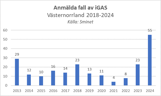 diagram över anmälda fall av iGAS 2013-2024. Flest fall sågs 2013, 2018 och 2024.