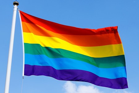 En Regnbågsflagga med liggande färgade ränder med rött överst, sedan orange, gul, grön, ljusblå och längst ner blålila. 