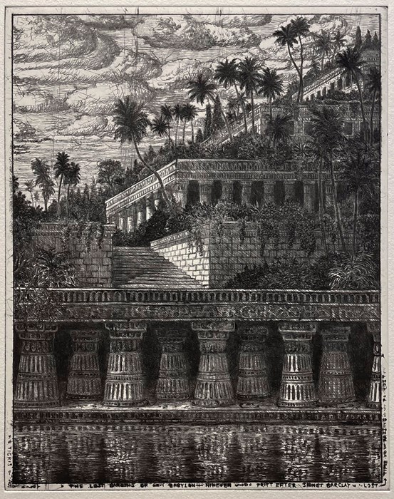 Ett grafiskt tryck i svartvitt. Byggnader, pelare och en trappa omgivna av träd och buskar. Längst fram i bild syns speglingar i ett vattendrag. Allt uppbyggt av fina torrnålslinjer. 