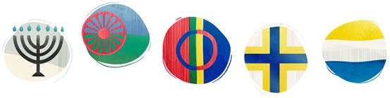 Illustration med minoriteters flaggor i runda format.