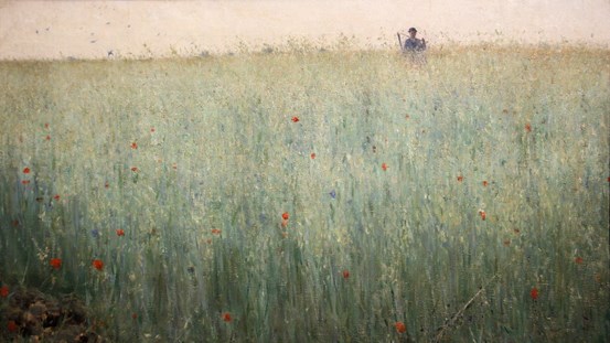 Målning av ett havrefält med blommor. Långt bort syns en figur vid horisonten.