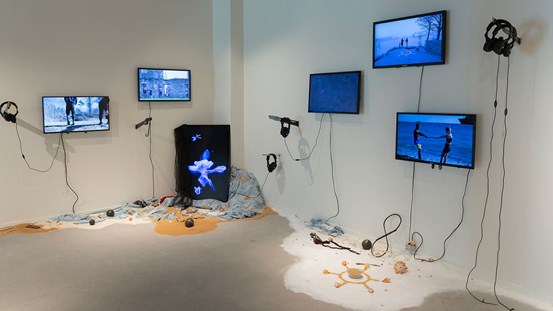 I ett hörn i lokalen finns en installation. Flera skärmar är uppsatta på båda väggarna. Skärmarna visar videos och på golvet ligger objekt: sand, kanonkulor, segelduk och snäckor som fördjupar verket ytterligare.