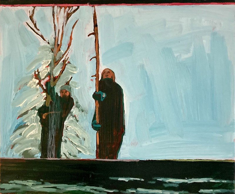 Målning i ljusa grå och blå toner där två barn försöker nå snön på taket. Det ena barnet skickar upp en pinne i luften.