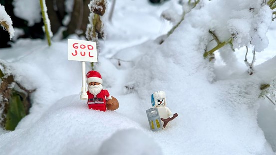 Foto. I ett snölandskap står två legofigurer. En tomte och en snögubbe. Tomten har röd tomte-outfit med en skylt i sin högra hand. På skylten står det God jul. Till höger om tomten står snögubben, han har en blå mössa med öronlappar och en lykta i handen.