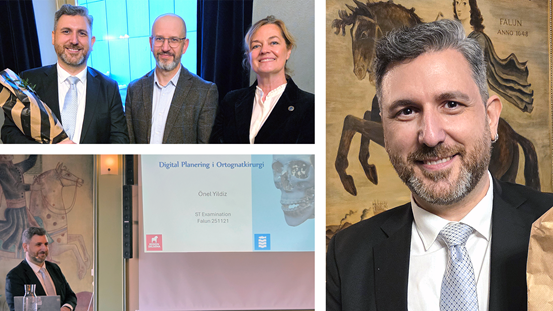 Tredelad bild, med Önel Yildiz ny käkkirurg. examinationsteamt och när Onel håller sin examinationsföreläsning.