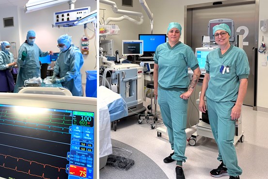 Operationssal med personal i skyddskläder och medicinsk utrustning.