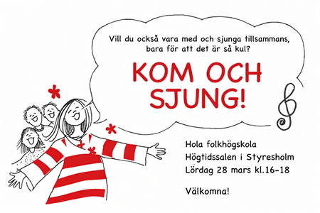 Tecknad kör i rödrandig tröja, en pratbubbla med texten Kom och sjung