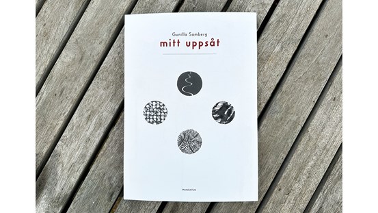 Foto av en bok liggandes på ett utegolv av trä.