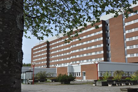 Exteriörbild av Sundsvalls sjukhus med löv och trädgrenar i förgrunden.