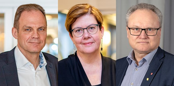 Porträtt av Dick Rytterdahl ekonomidirektör, Åsa Bellander regiondirektör och Glenn Nordlund (S) regionstyrelsens ordförande.