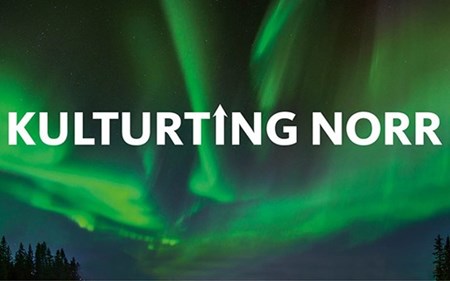 En bild av ett norrsken i gröna färger samt texten Kulturting Norr i vitt, text i bild. 