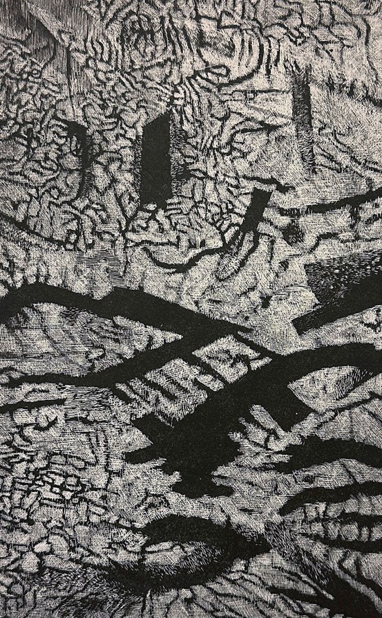 Grafisk bild, abstrakta myller av linjer i gråskala. Liknar geologiska formationer, eller organiska strukturer. 