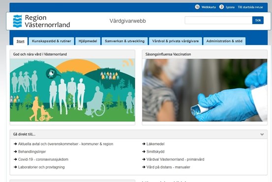 Skärmbild av startsida för ny delwebbplats vårdgivarwebb