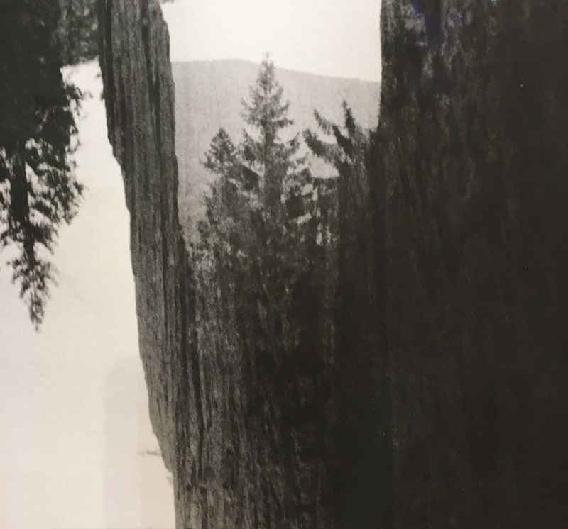 Ett beskuret fotografi i svart och vitt av en bergskreva i Skuleskogen, som genom speglingar och starka kontraster, skapar en svindlande känsla.