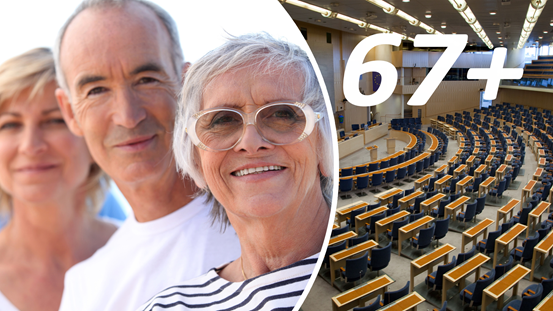 Tvådelad bild: tre pensionörer i närbild samt översiktsbild av riksdagen med siffrorna 67 +.