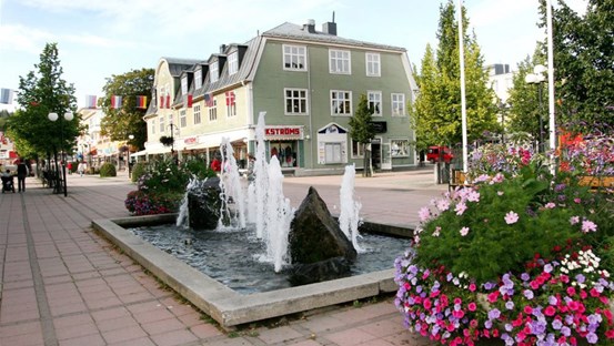 Ett torg i en stad. I förgrunden en fontän och blommor. I bakgrunden ett stort grönaktigt trähus. 