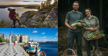 Collage med naturvy från Höga Kusten, hamnmiljö i Sundsvall och Naturajs ägare som håller grönsaker utomhus.