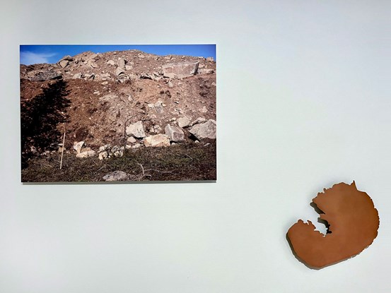 Ett foto av ett berg av grus och sten hänger på en vit vägg. Till höger om fotot, lite längre ner, är ett brunt objekt.