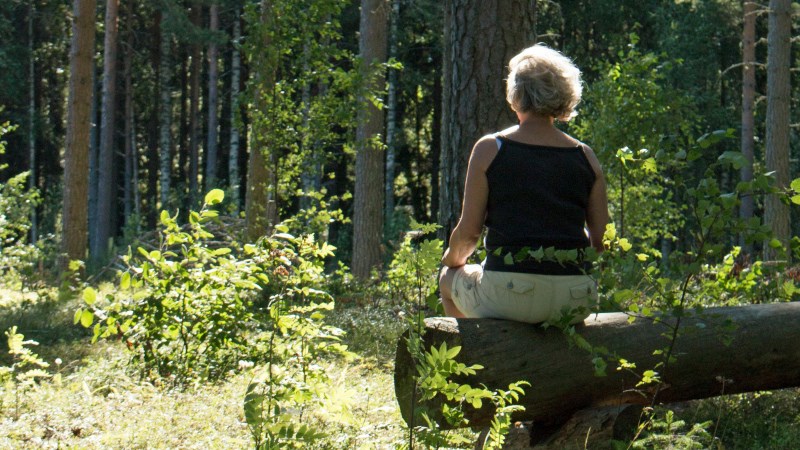 Kvinna bakifrån sittandes på en bänk i naturenn 