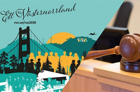 Bildcollage med illustration av naturlandskap och ett foto av en ordförandeklubba. Text: "Ett Västernorrland".