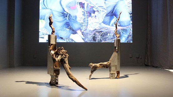 I förgrunden syns två skulpturer gjorda av trädrötter och järnskrot. I bakgrunden projiceras en film på en vägg. 
