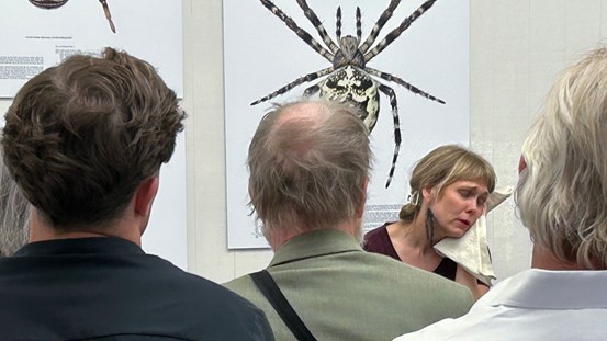 Foto, bakhuvuden på personer som tittar på performance med Noora Kauppila som också syns i bild snett vänd mot betraktarna.