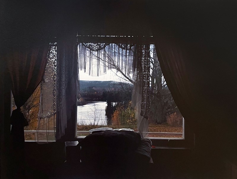 Foto inifrån ett rum i dunkel och motljus på ett fönster med vy över ett höstlandskap. En älv syns flyta fram genom skogen under en gråvit himmel. 