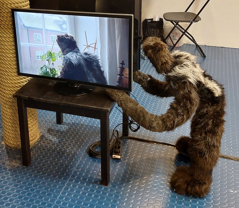 Foto av en videoinstallation. På ett mörkt kvadratiskt bord står en tv-skärm. På skärmen syns en ruta ur en film. Framför ett fönster står en figur, en docka, med päls. Utanför fönstret syns en byggnad. Figuren står snett vänd från betraktaren mot fönstret. Till höger om bordet med tv-skärmen står den pälsbeklädda figuren lutad mot bordet, det ser inte ut som den har något ansikte.