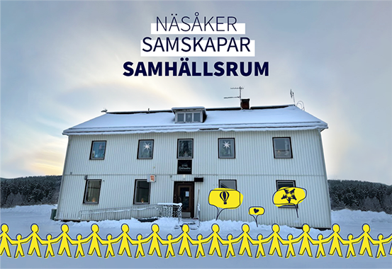 Foto på byggnaden där det nya samhällsrummet i Näsåker öppnar. Text i bild: Näsåker samskapar samhällsrum. Framför byggnaden en ritad kedja av människofigurer som håller varandra i händerna, och pratbubblor som innehåller olika bilder som ett hjärta, en stjärna och en ballong.