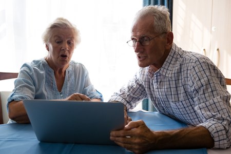 Äldre par pekar på en datorskärm