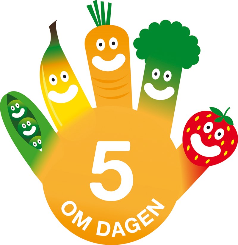Fem figurer som fingrar på en hand - en ärtskida med glada ärtor i, en glad banan, en glad morot, en glad selleri och en glad jordgubbe