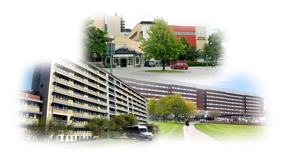 Collage visar sjukhusbyggnaderna i Sundsvall, Sollefteå och Örnsköldsvik