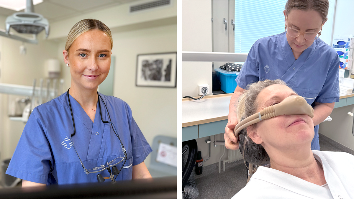 alt='Tvådelad bild, på den vänstra en porträttbild på tandläkare Ida Dahlgren i Kvissleby, den högra visar tandsköterskan Ida Hedlund som hjälper en patient med att sätta på en lustgasmask.'