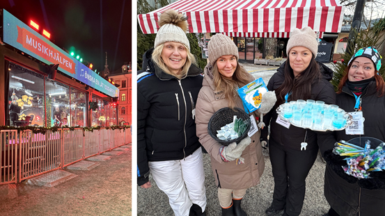 Tvådelad bild, först en exteriör på Musikhjälpens glasbur på torget i Sundsvall, sedan en bild på fluortanterna Maria Englund, Linnea Enqvist Keith, Linn Fryksten och Angelica Bäckman.