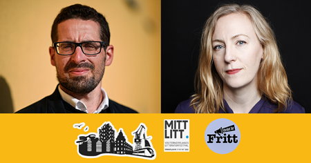 Bildmontage med Marcin de Kaminski och Kerstin Almegård, samt en gul färgplatta med logotyper för Mittlitt och Ordet är fritt. 
