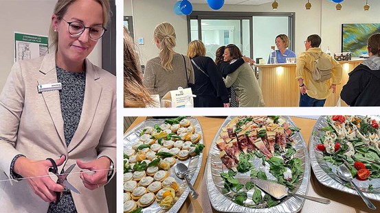 Verksamhetschef på specialisttandvården Jenny Edling klipper tandtråd när den nya kliniken invigs. Ett 80-tal gäster besökte invigningen den 1 september där det också bjöds på snittar och Champis.