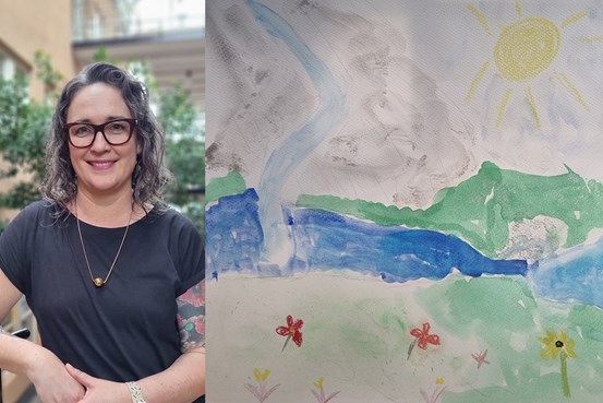 Fotocollage med en porträttbild av Laura Tolboom och bild på en målning.