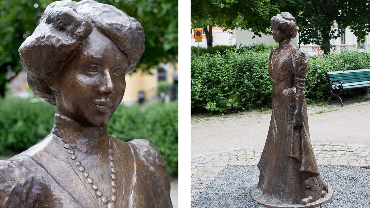 alt='Två foton av en staty föreställande en kvinna i lång kjol. Till höger en närbild och till vänster bild i helfigur. '