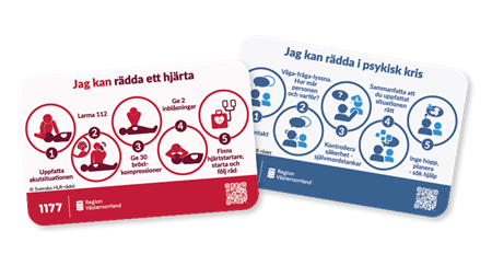 Två olika plastkort. Det röda visar hur du hjälper till vid psykisk ohälsa och det blåa visar hur du ger HLR.